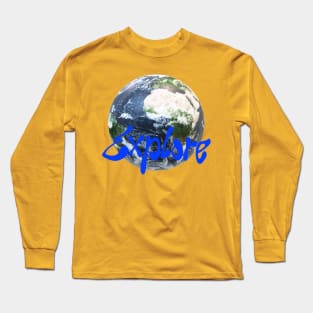 Explore Earth: Streetwear Design with Playful Blue Typography Long Sleeve T-Shirt